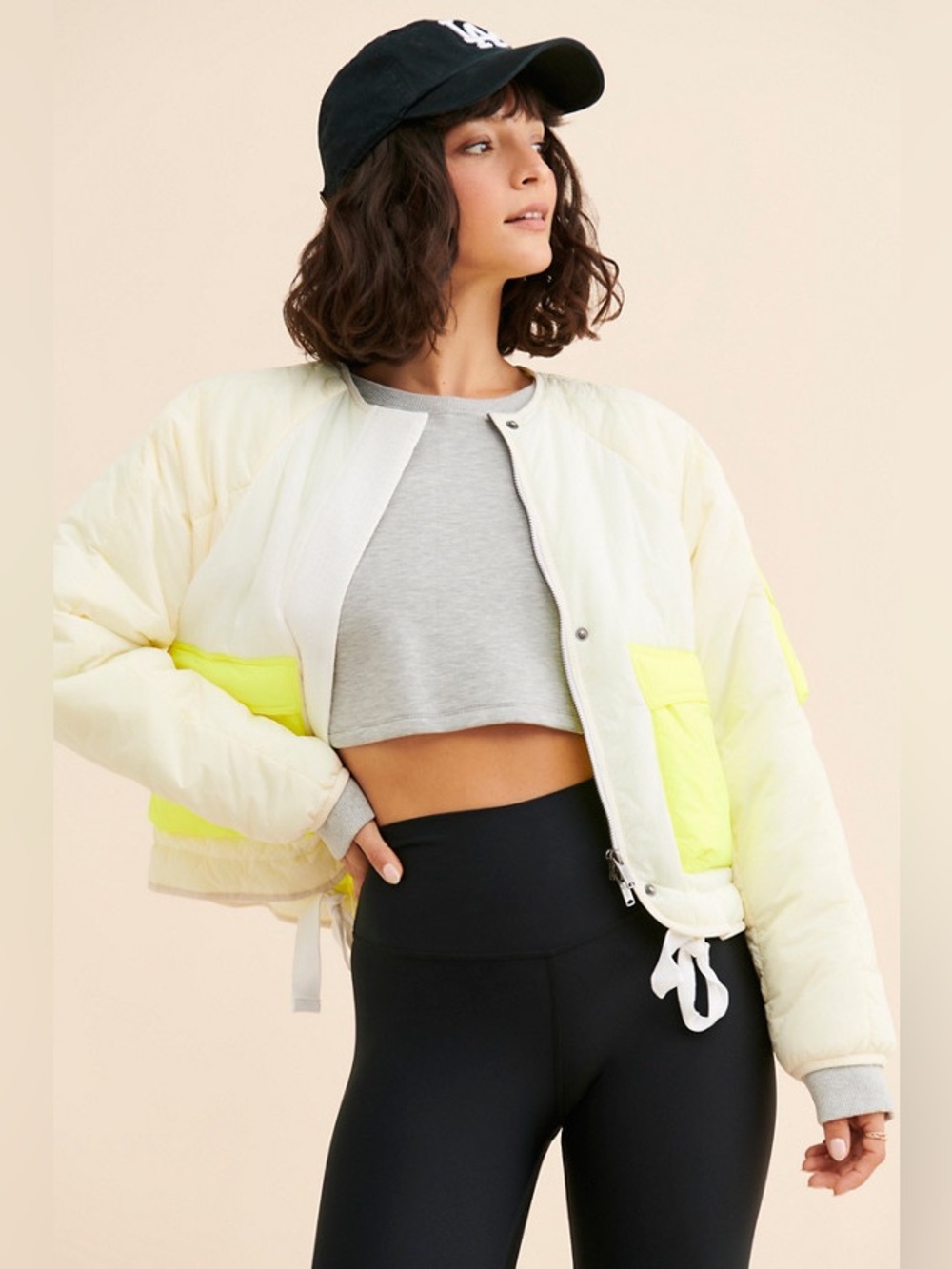 Free People FP Movement Outta Left Field Jacket Cream Neon Yellow XS